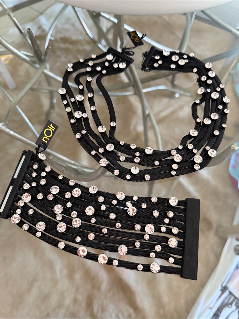 nOir Jewelry Black Crystal-Embellished Multi-Strand Choker and Bracelet Set